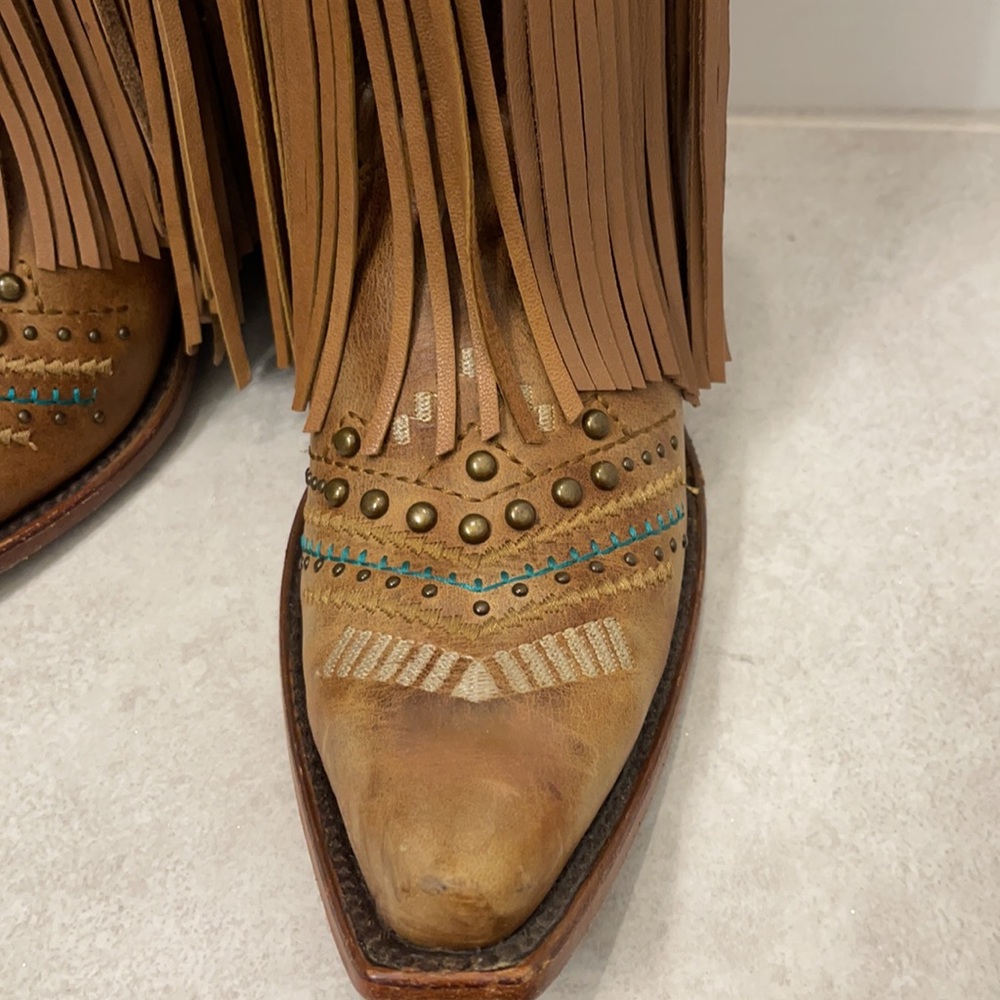 Corral Tan and Teal Fringe Heeled Boots - Picture 3 of 8